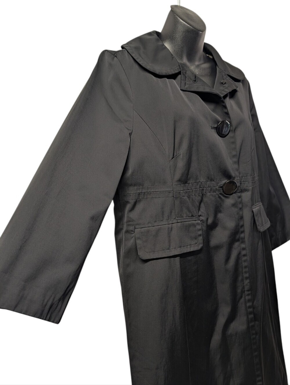 Nine West Womens Black Trench Coat Sz L Button Front Lined 3/4 Sleeve Pockets - Picture 4 of 7